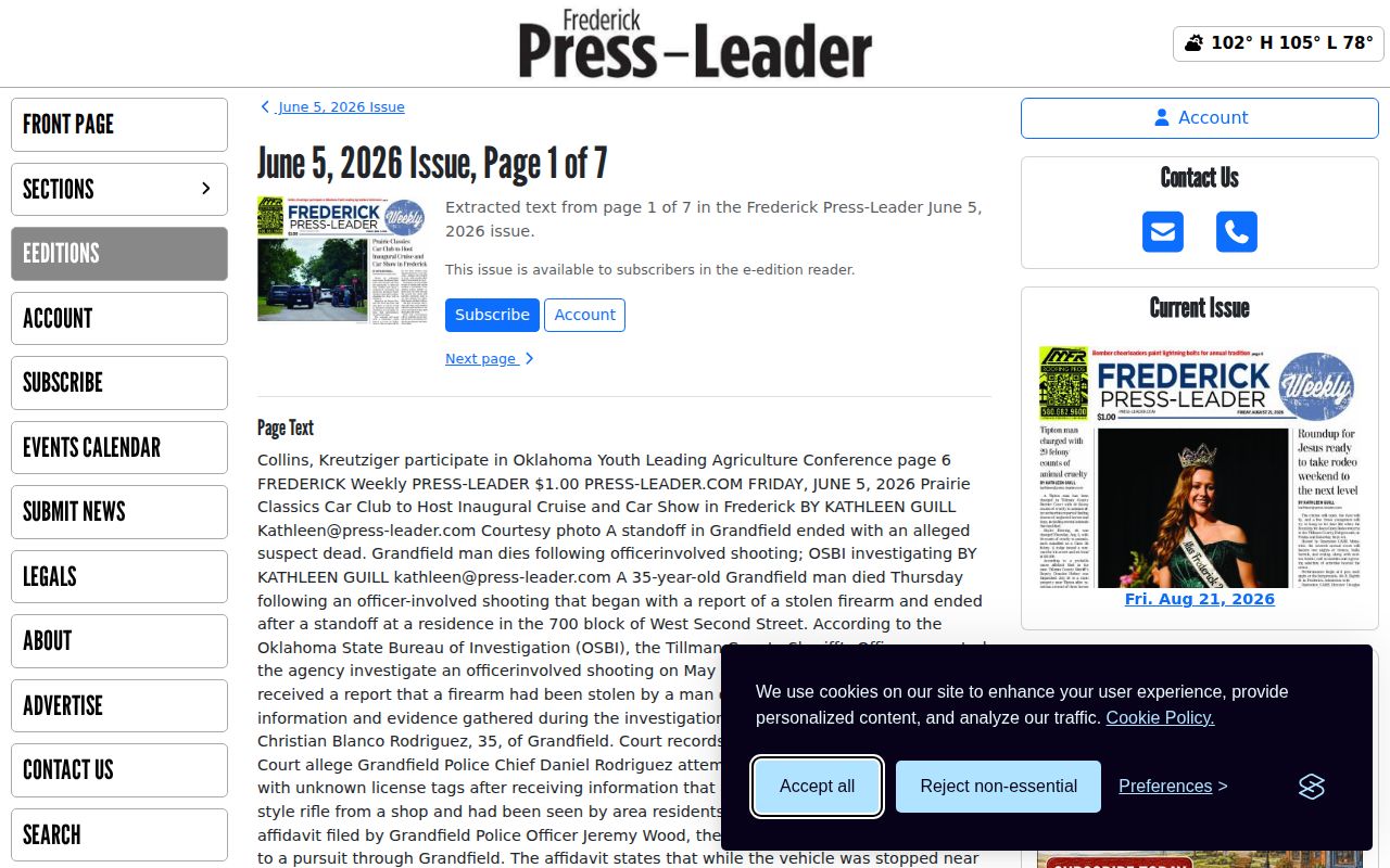 Tillman County crime-news record source from the Frederick Press-Leader